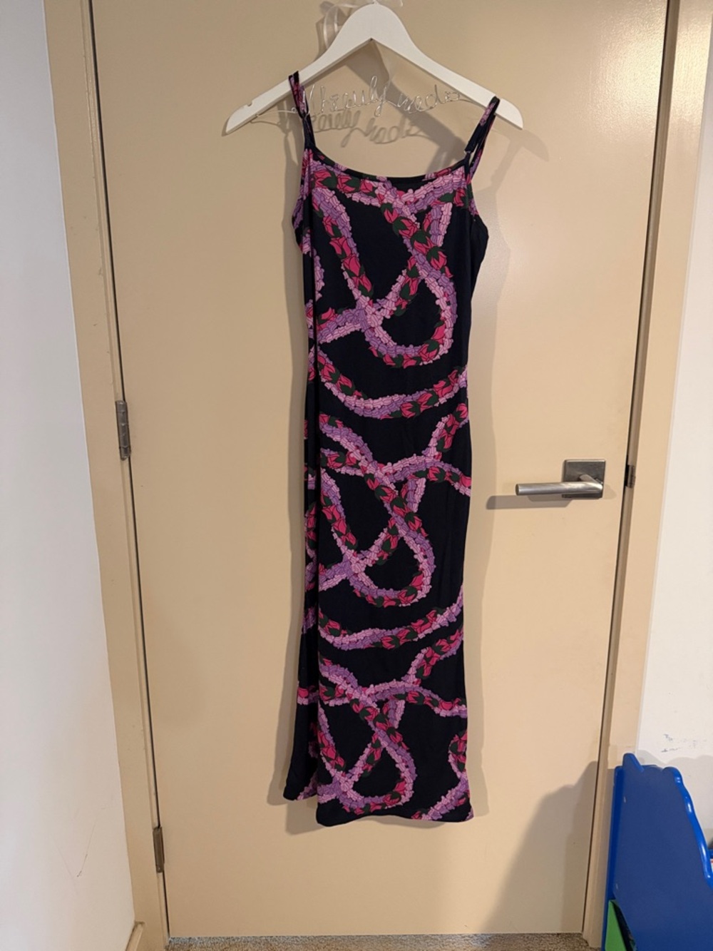 ❣️5 for $100 Luz Black Maxi Slip Dress with Pink & Purple lei Motif